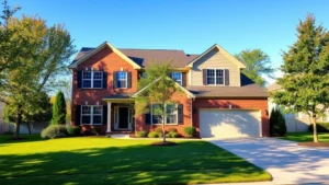 Modern two-story suburban home with four bedrooms, brick and siding exterior, two-car garage, manicured lawn with mature trees, blue sky, afternoon sunlight creating shadows
