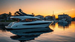 Luxury modern houseboat moored at sunset with calm water reflections, waterfront homes and boats visible in background, golden hour lighting, professional real estate photography