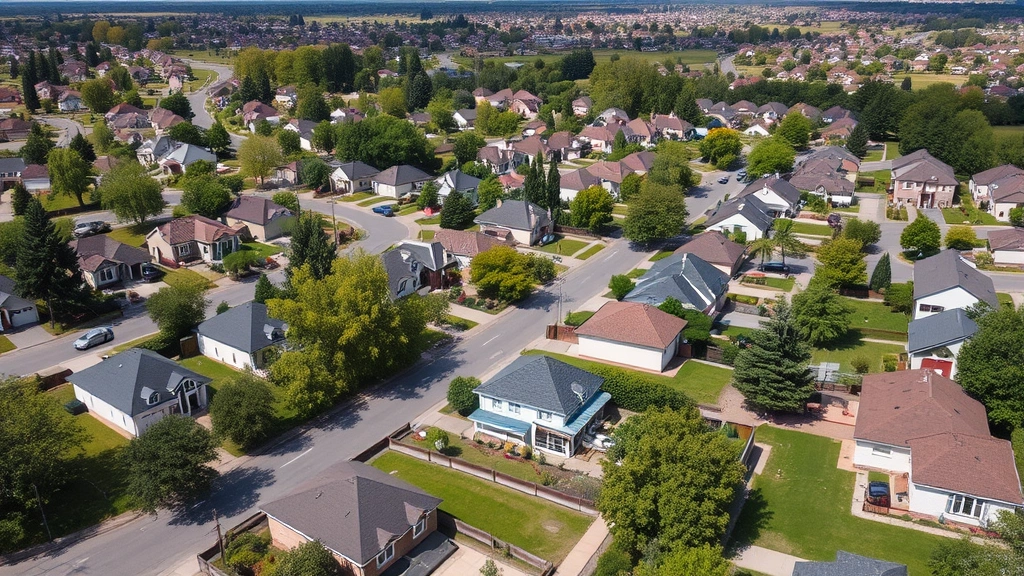 Aerial view of suburban neighborhood with diverse houses, tree-lined streets, multiple homes with different styles and sizes, green lawns, peaceful residential community, sunny day with clear skies, real estate market perspective