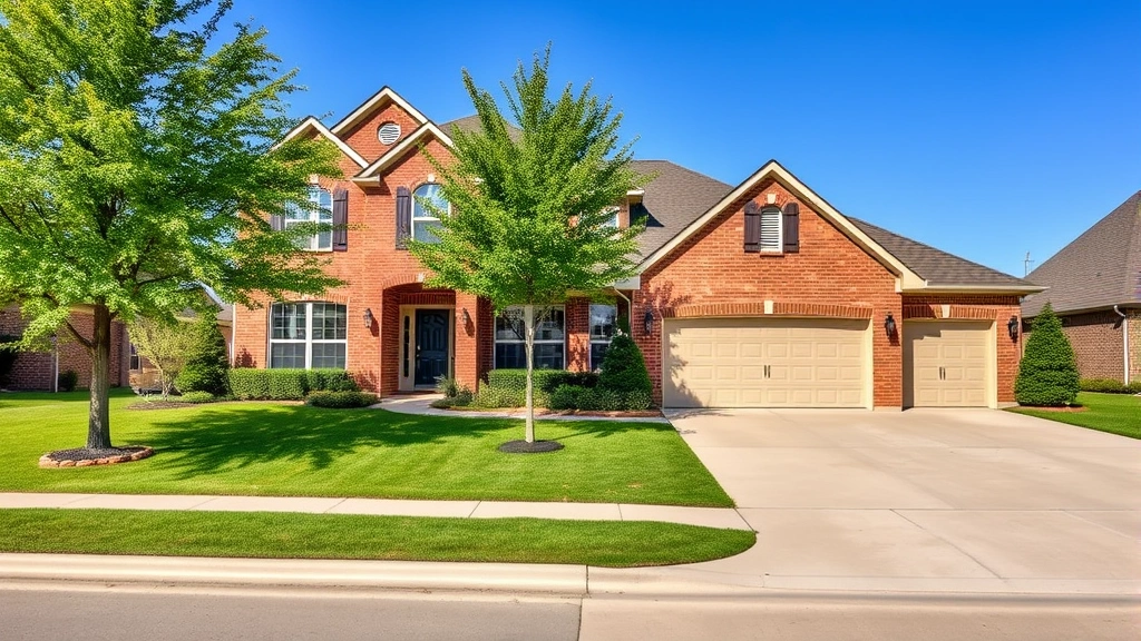 Spacious two-story suburban family home in Norman Oklahoma with brick exterior, manicured lawn, mature trees, driveway with garage, blue sky background, professional real estate photography style