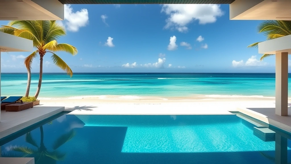 Modern luxury beachfront villa with infinity pool overlooking turquoise Caribbean Sea water and white sandy beach with palm trees in Dorado Puerto Rico