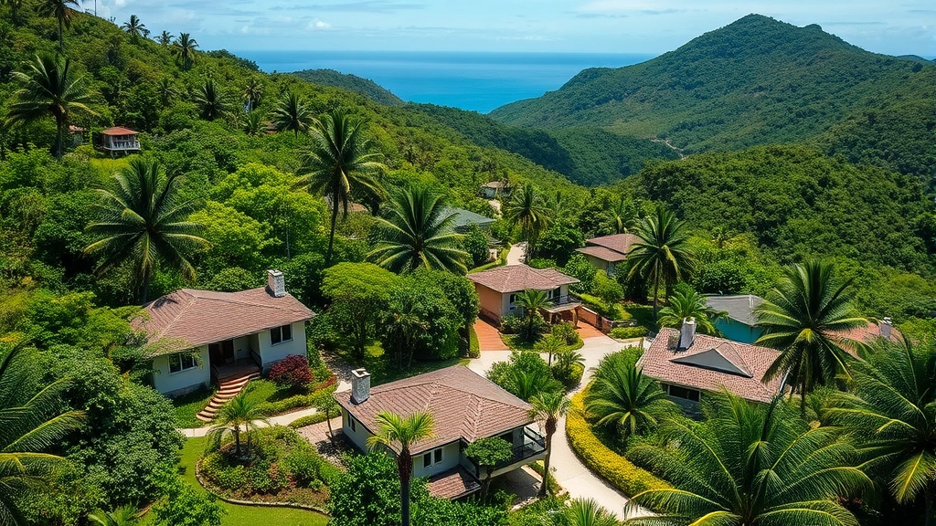 Tropical hillside residential community with contemporary homes surrounded by lush green vegetation, ocean views in distance, and El Yunque rainforest backdrop
