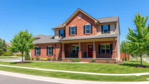 Modern two-story home with brick and siding exterior, manicured lawn with landscaping, mature trees, welcoming front porch, clear blue sky, suburban neighborhood street