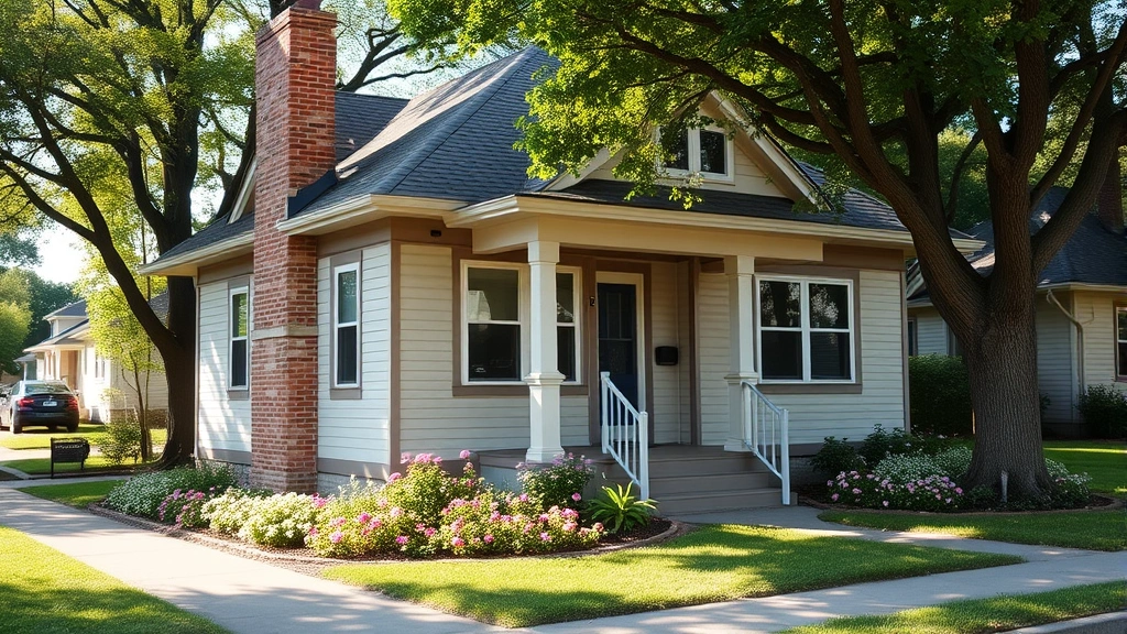Charming historic bungalow with restored exterior, updated windows, brick chimney, flowering garden beds, tree-lined street, Midwestern residential setting, afternoon sunlight