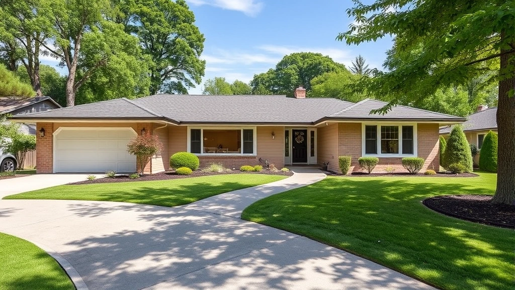 Contemporary single-story ranch home with clean lines, energy-efficient windows, professional landscaping, driveway, attached garage, established neighborhood with mature trees, peaceful setting