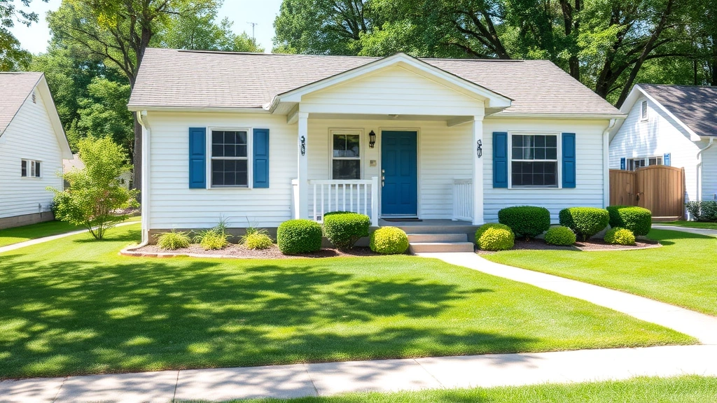 Charming affordable single-story cottage with white siding and front porch, well-maintained lawn, blue shutters, natural daylight, suburban setting, inviting entrance