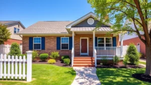 Modern affordable single-family home with welcoming front porch, manicured lawn, white picket fence, blue shutters, brick exterior, sunny day, suburban neighborhood setting, professional real estate photography