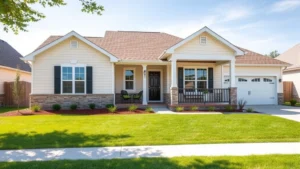 Modern single-family suburban home with manicured lawn, two-car garage, and welcoming front porch in daylight, representing affordable residential real estate