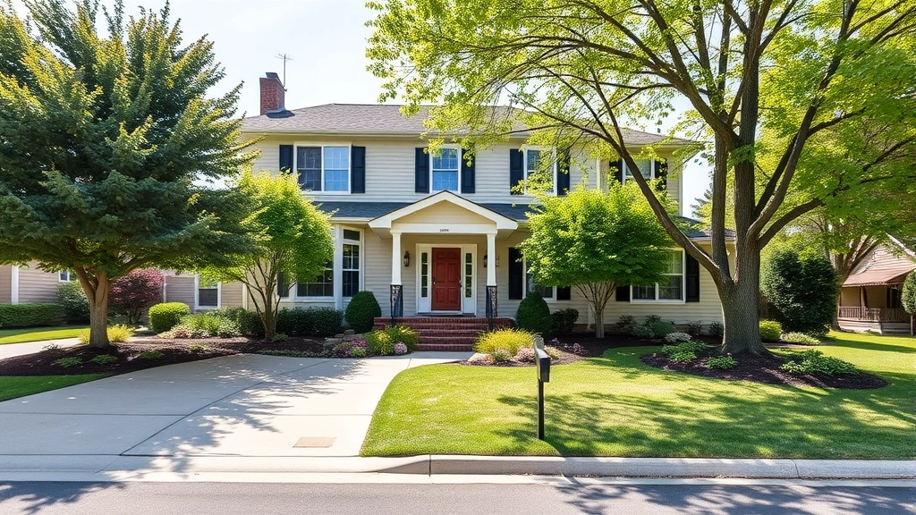 A bright, welcoming two-story suburban home with professional landscaping, mature trees, and a well-maintained front yard featuring a driveway