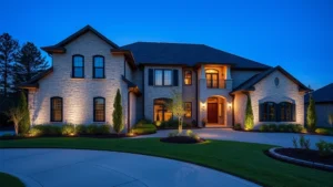 Luxurious modern suburban home with manicured landscaping, gray stone facade, professional lighting, well-maintained driveway, blue sky background, architectural detail