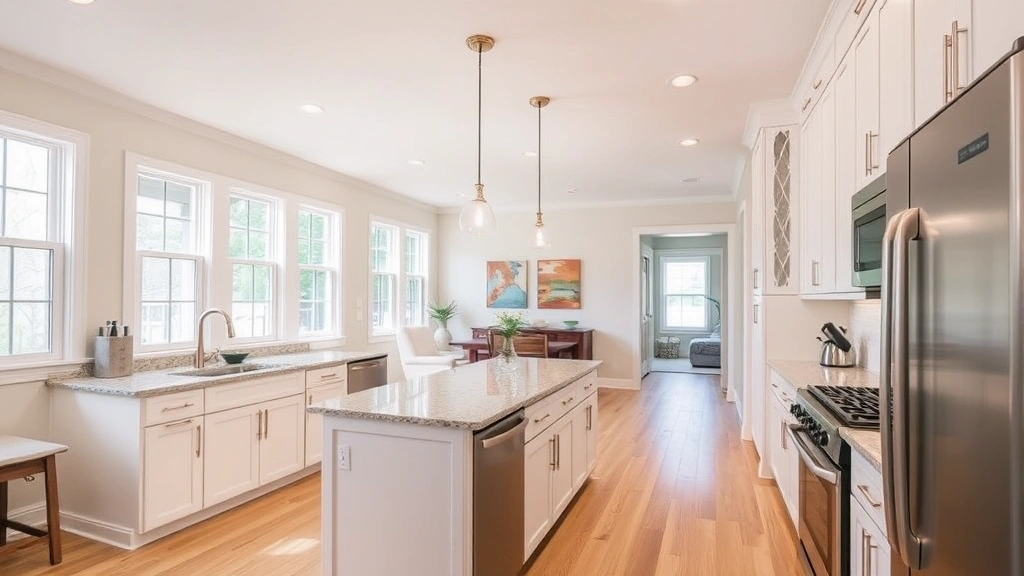 Bright, spacious kitchen with white cabinetry, granite countertops, stainless steel appliances, natural light from large windows, open floor plan view to living area