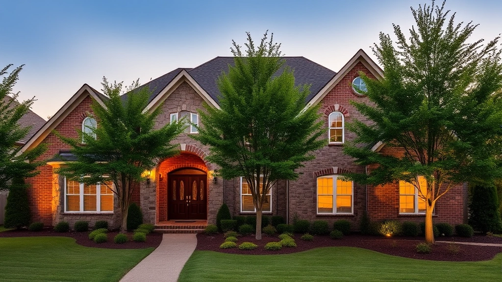 Charming family home exterior with brick and stone, mature trees, welcoming entrance, professional landscaping, evening golden hour lighting, suburban setting