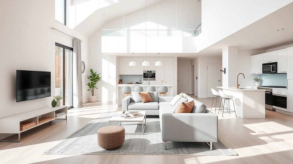 Bright modern 2 bedroom house interior showing open living room with natural light, comfortable seating arrangement, and clean kitchen visible in background, professional real estate photography style