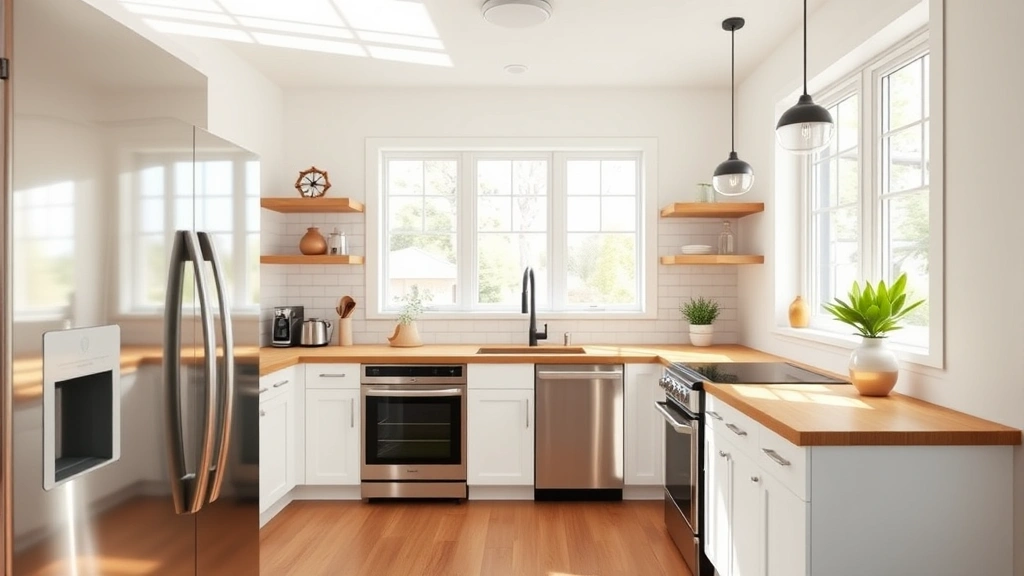 Bright modern kitchen with stainless steel appliances, white subway tile backsplash, and wooden countertops in a three-bedroom home, natural sunlight streaming through large windows, clean and contemporary design