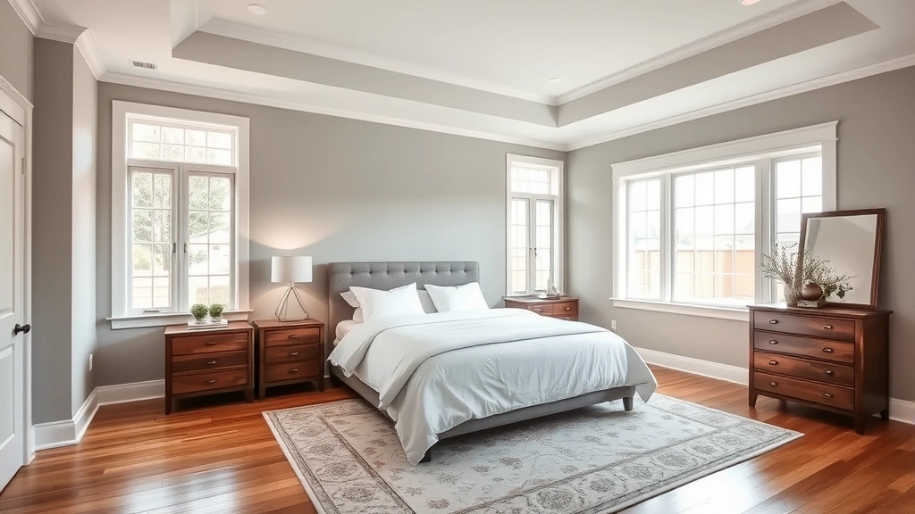 Spacious master bedroom with neutral gray walls, soft natural lighting from large windows, comfortable queen bed with white bedding, wooden nightstands, and elegant area rug on hardwood floor