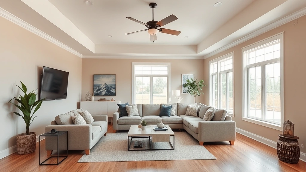 Inviting living room with neutral beige walls, comfortable sectional sofa, hardwood flooring, large windows with natural light, modern ceiling fan, and contemporary decor accents creating warm family space