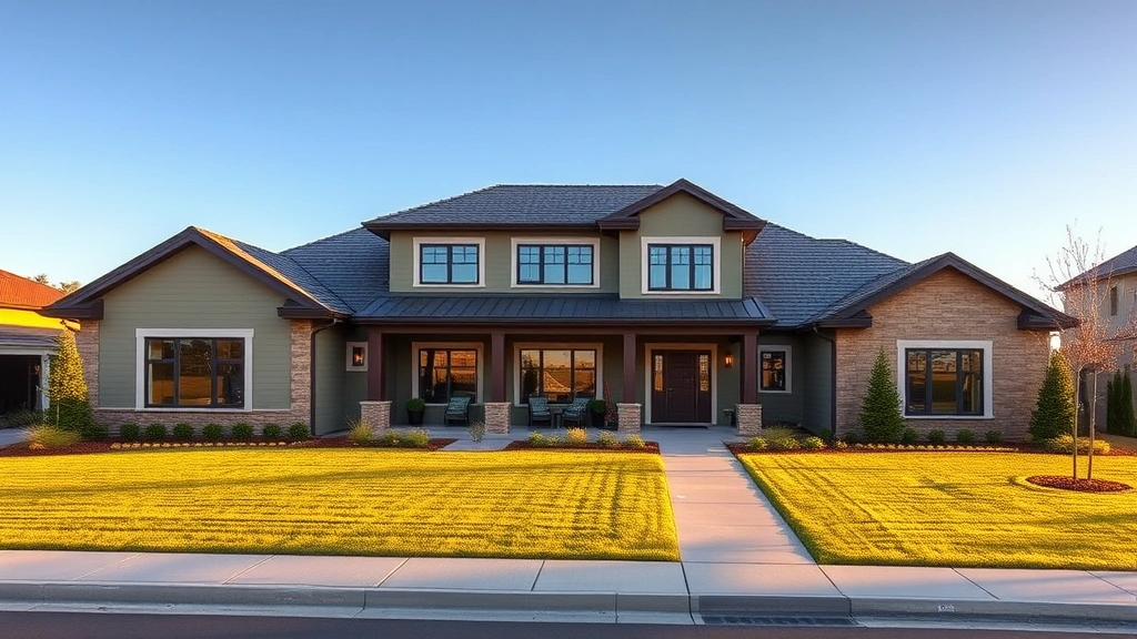 Spacious modern 5 bedroom home exterior with manicured lawn, professional landscaping, and welcoming entrance during golden hour sunlight