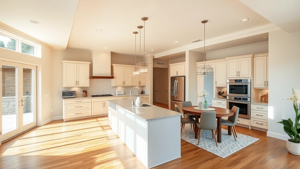 Bright open-concept kitchen and dining area in luxury home with island seating, stainless steel appliances, and hardwood flooring