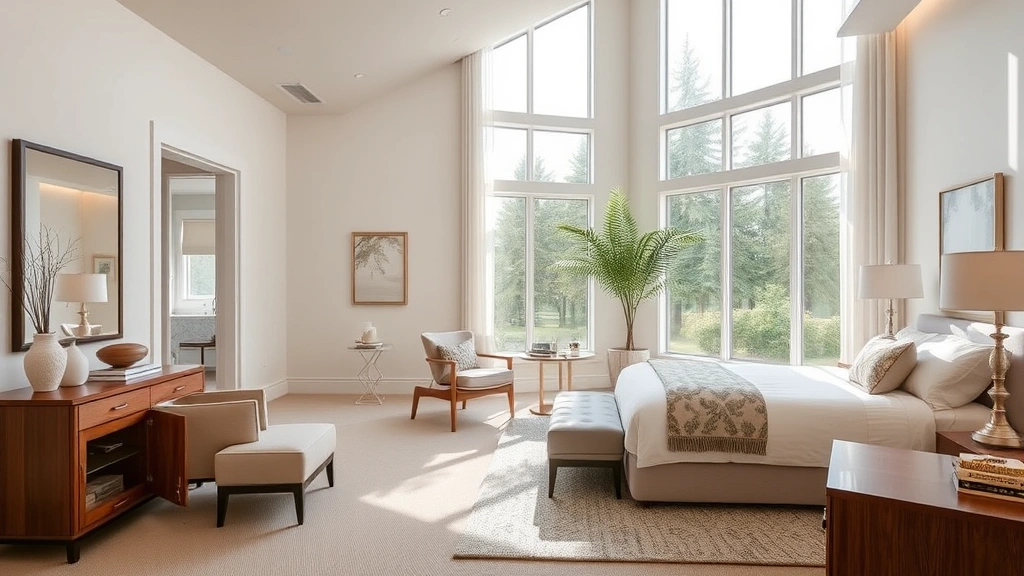 Elegant primary bedroom suite with large windows, soft natural lighting, modern furnishings, and spa-inspired ensuite bathroom visible
