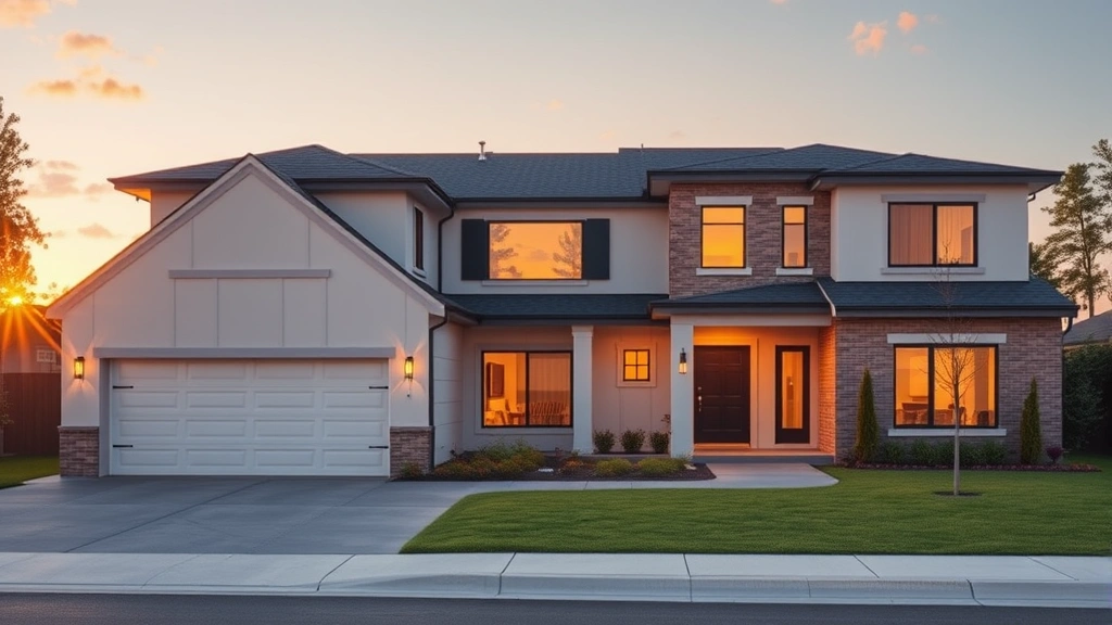 Modern 6-bedroom suburban home exterior with manicured landscaping, two-car garage, and welcoming entrance at golden hour, photorealistic contemporary architecture