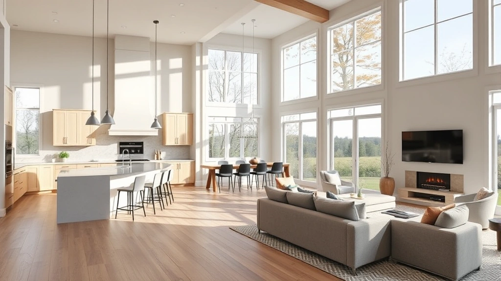 Spacious open-concept kitchen and living room in luxury home with high ceilings, natural light from large windows, contemporary finishes, and neutral color palette