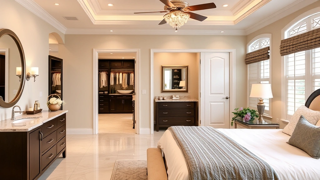 Elegant master bedroom suite with spa-like ensuite bathroom, double vanity, soaking tub, and walk-in closet in upscale residential home
