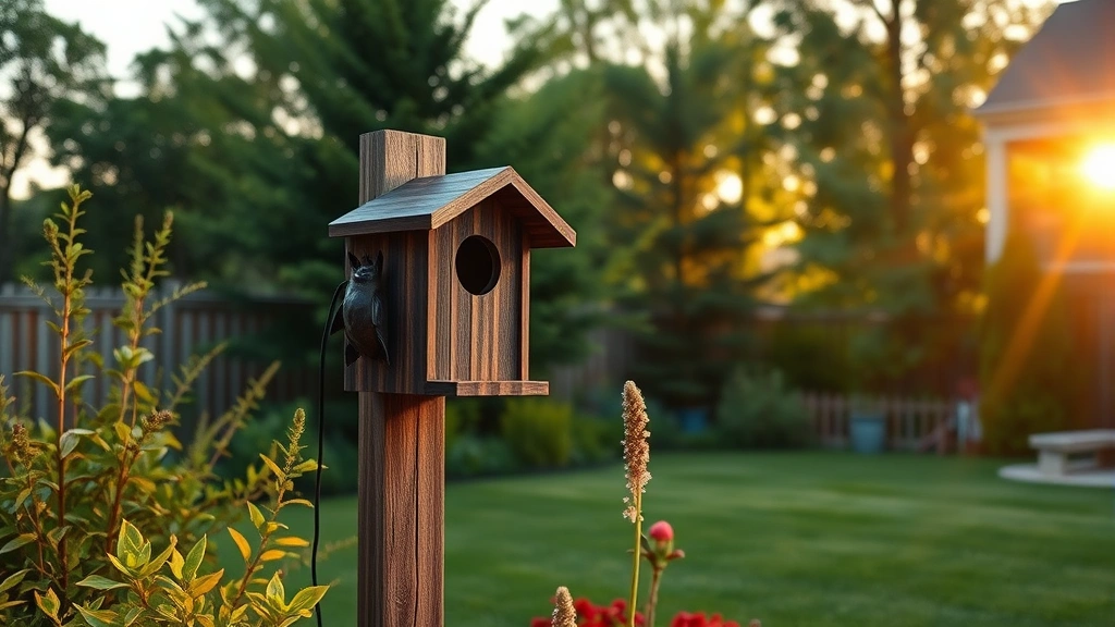 Modern residential bat house mounted on wooden post in backyard garden with lush green trees and flowers surrounding it during golden hour sunset light, photorealistic
