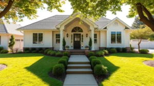 Spacious suburban home exterior with manicured lawn and welcoming entrance, bright afternoon lighting, professional real estate photography style, no signage visible