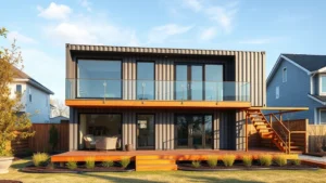 Modern two-story container home with large windows, wooden deck, and landscaping in contemporary suburban setting, daytime natural lighting