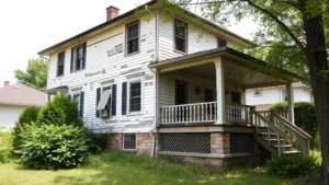 Weathered two-story suburban home with peeling paint, missing shutters, and overgrown landscaping, showing visible foundation settling and aged exterior materials in natural daylight