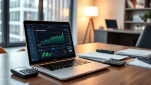 Modern home office with laptop displaying real estate market data and financial spreadsheet, warm lighting, desk with calculator and documents, professional setting