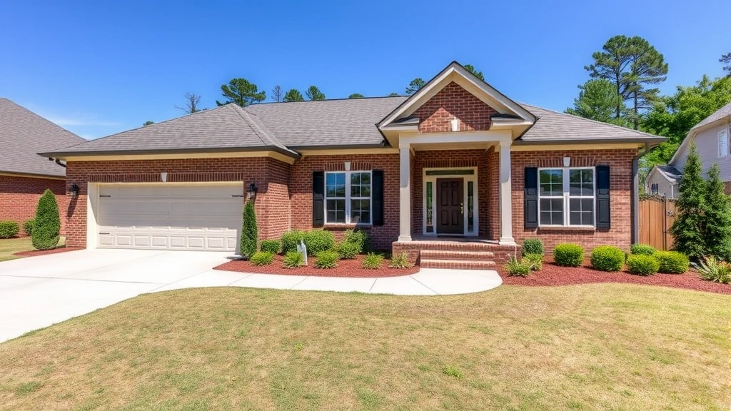 Modern single-family home in Duluth Georgia with manicured landscaping, brick facade, front porch, blue sky, professional real estate photography style