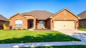 Modern suburban Abilene Texas home exterior with manicured lawn, brick facade, two-car garage, blue sky background, daylight photography