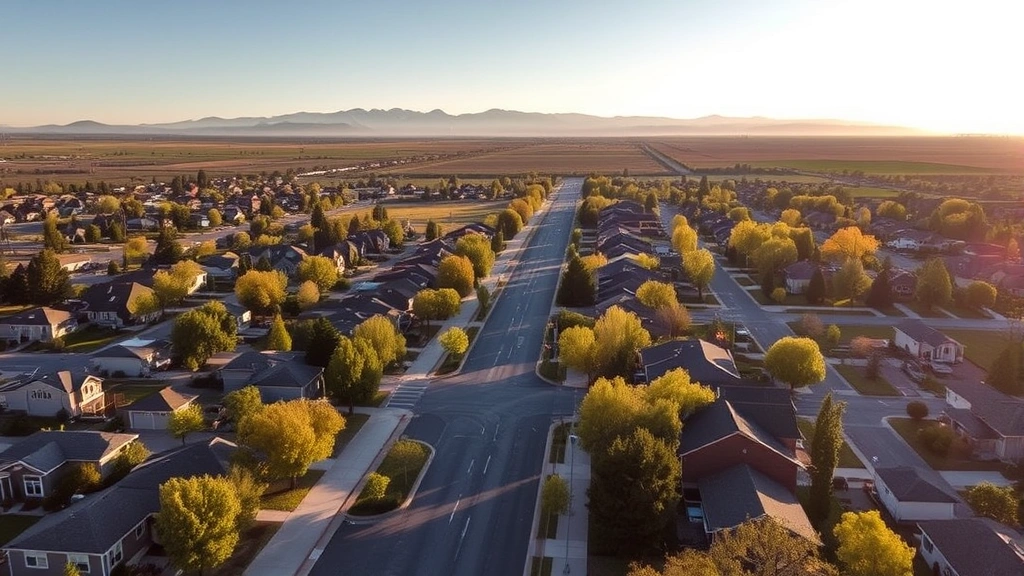 Aerial view of Billings Montana residential neighborhood with tree-lined streets, diverse home styles, and mountain backdrop in morning light