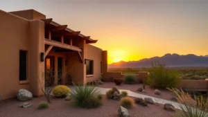 Modern Pueblo Revival adobe home with earth-tone exterior, wooden vigas, and desert landscaping with mountain views in background during golden hour sunset