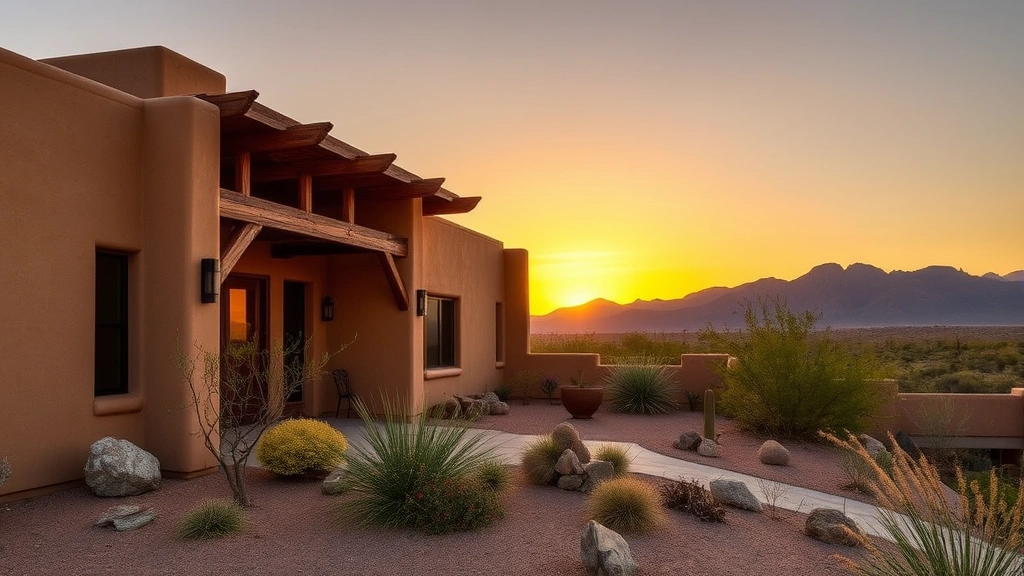 Modern Pueblo Revival adobe home with earth-tone exterior, wooden vigas, and desert landscaping with mountain views in background during golden hour sunset