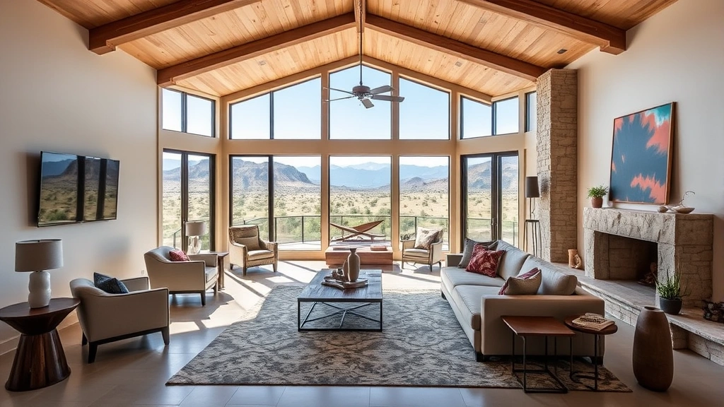 Spacious open-concept living room with viga ceiling, large windows overlooking mountain views, contemporary furniture, and traditional southwestern architectural details