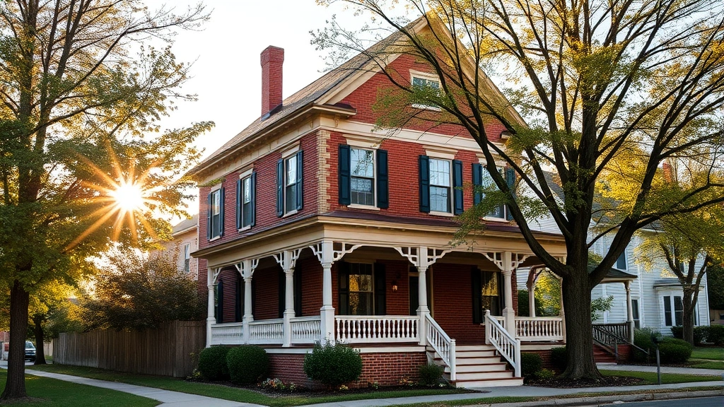 Charming historic Victorian home with front porch, brick exterior, mature trees, afternoon sunlight, Bethlehem Pennsylvania residential street setting