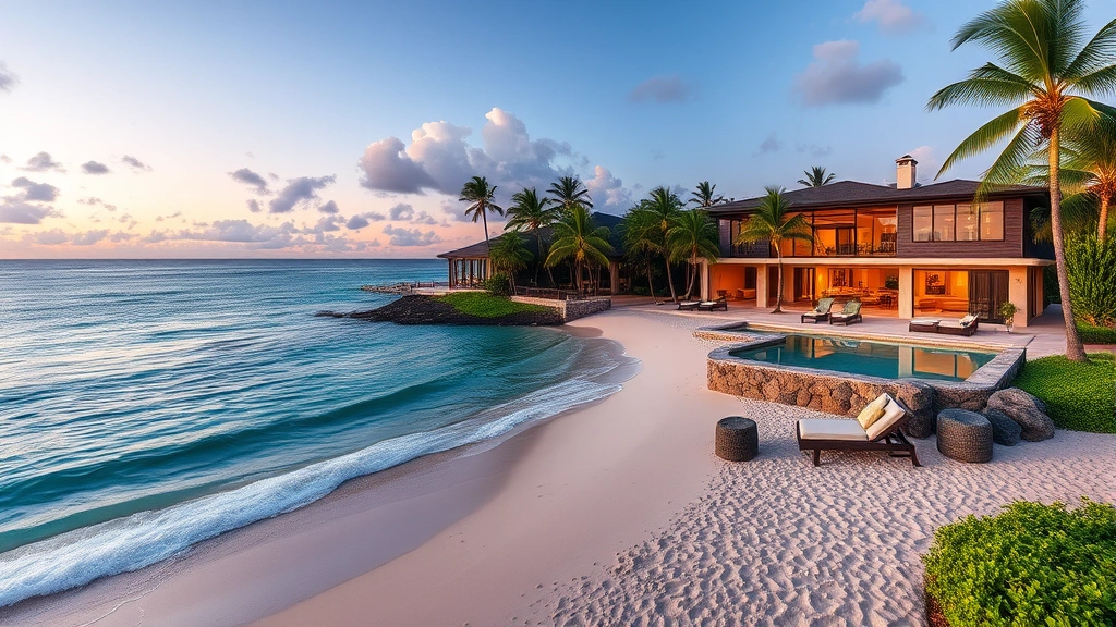 Stunning oceanfront Costa Rican beachfront property with crystal-clear turquoise water, white sand beach, palm trees, modern architecture, and sunset lighting