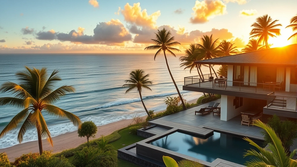 Tropical Costa Rican beachfront villa with ocean views, palm trees, and modern architecture during golden hour