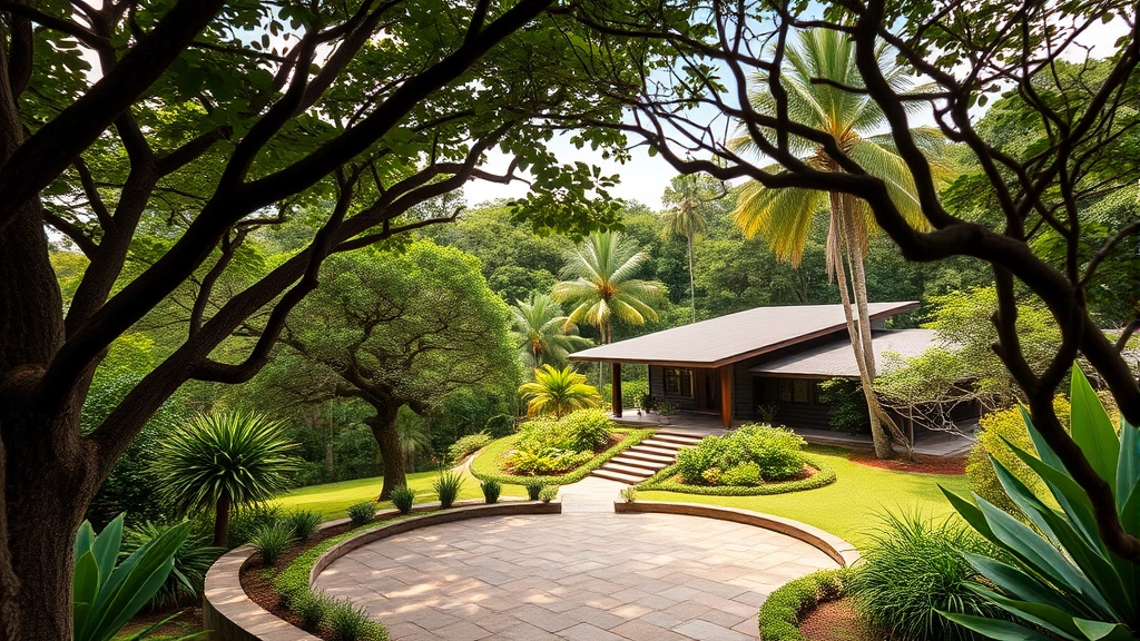Lush Costa Rican property with mature trees, tropical garden, stone patio, and modern home structure nestled in verdant landscape