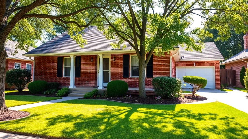 A charming single-story brick home with white trim, manicured front lawn with flowering shrubs, welcoming front porch with columns, driveway with attached garage, trees providing shade, sunny afternoon lighting, suburban Florence neighborhood setting