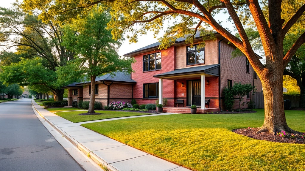Modern two-story brick home with manicured lawn and flowering landscaping on quiet tree-lined Greenville street, warm evening light, front porch visible, professional real estate photography style
