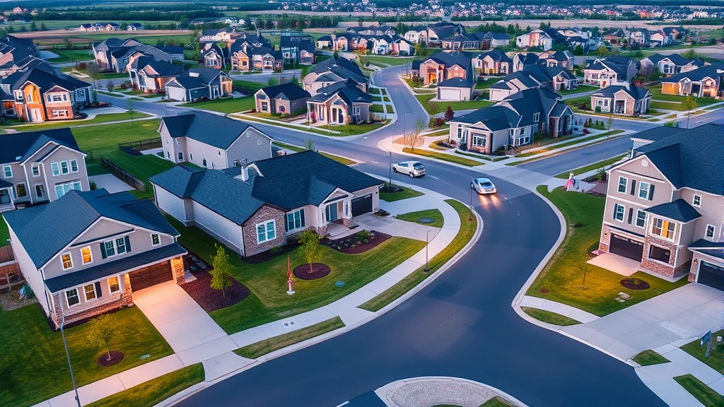 Contemporary suburban neighborhood with new construction homes, clean landscaping, wide streets, and community amenities visible, family-friendly development, clear daytime lighting, peaceful residential setting
