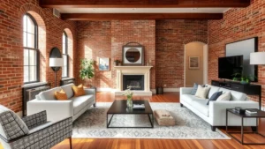 Modern living room in historic Harrisburg home with exposed brick walls, hardwood floors, and contemporary furniture showcasing renovated Pennsylvania townhouse interior design and character