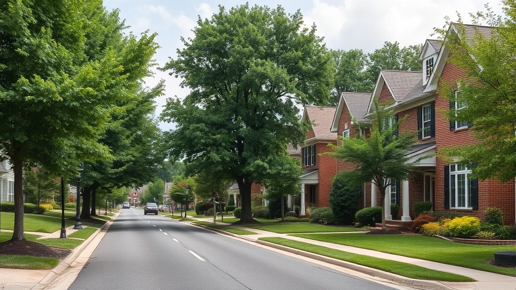 Beautiful suburban Harrisburg Pennsylvania street lined with mature trees, well-maintained brick homes, manicured lawns, and welcoming neighborhood atmosphere perfect for families
