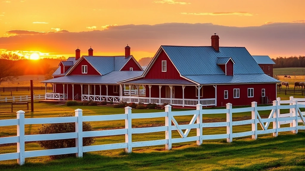 Charming Lancaster County farmhouse with white fencing, red barn in background, pastoral landscape at golden hour, realistic photography