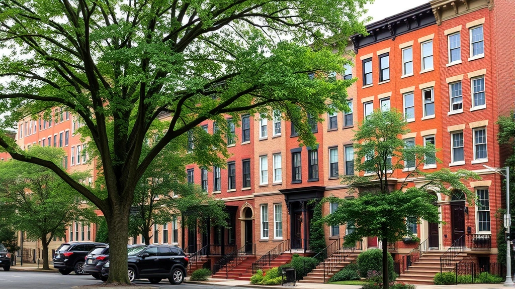 Historic Lancaster City downtown row homes with original architecture, brick facades, street view with mature trees, authentic period character