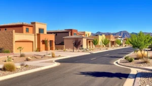 Modern residential street in Las Cruces with contemporary homes, desert landscaping, and clear blue sky