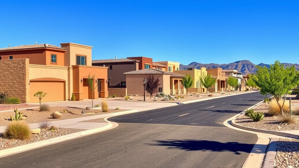 Modern residential street in Las Cruces with contemporary homes, desert landscaping, and clear blue sky